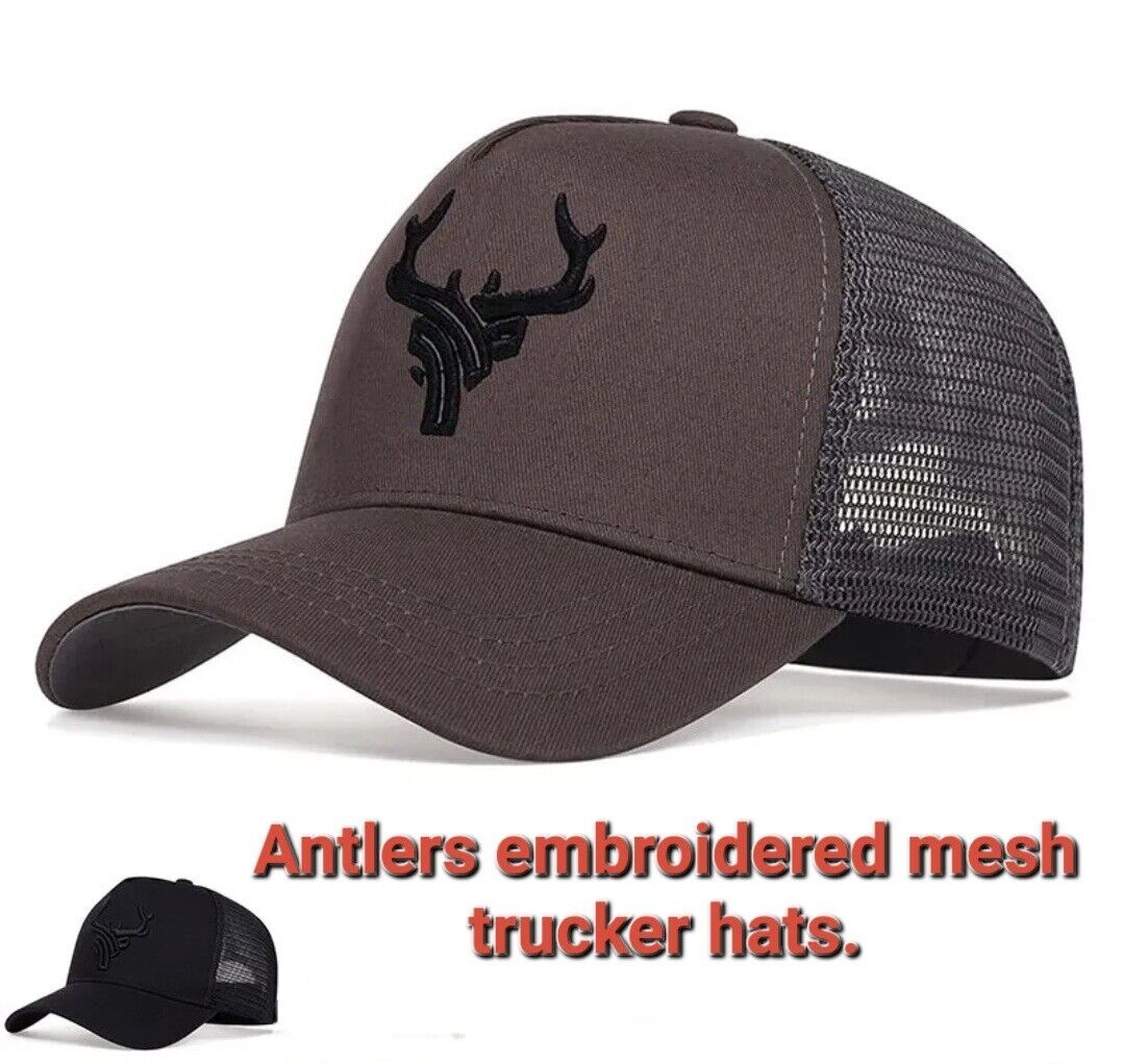 ANTLERS EMBROIDERED TRUCKER MESH HAT.