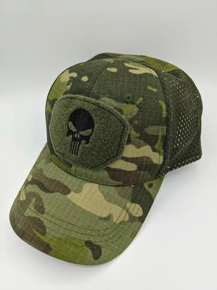 GREEN CAMO PUNISHER OPERATORS HAT.